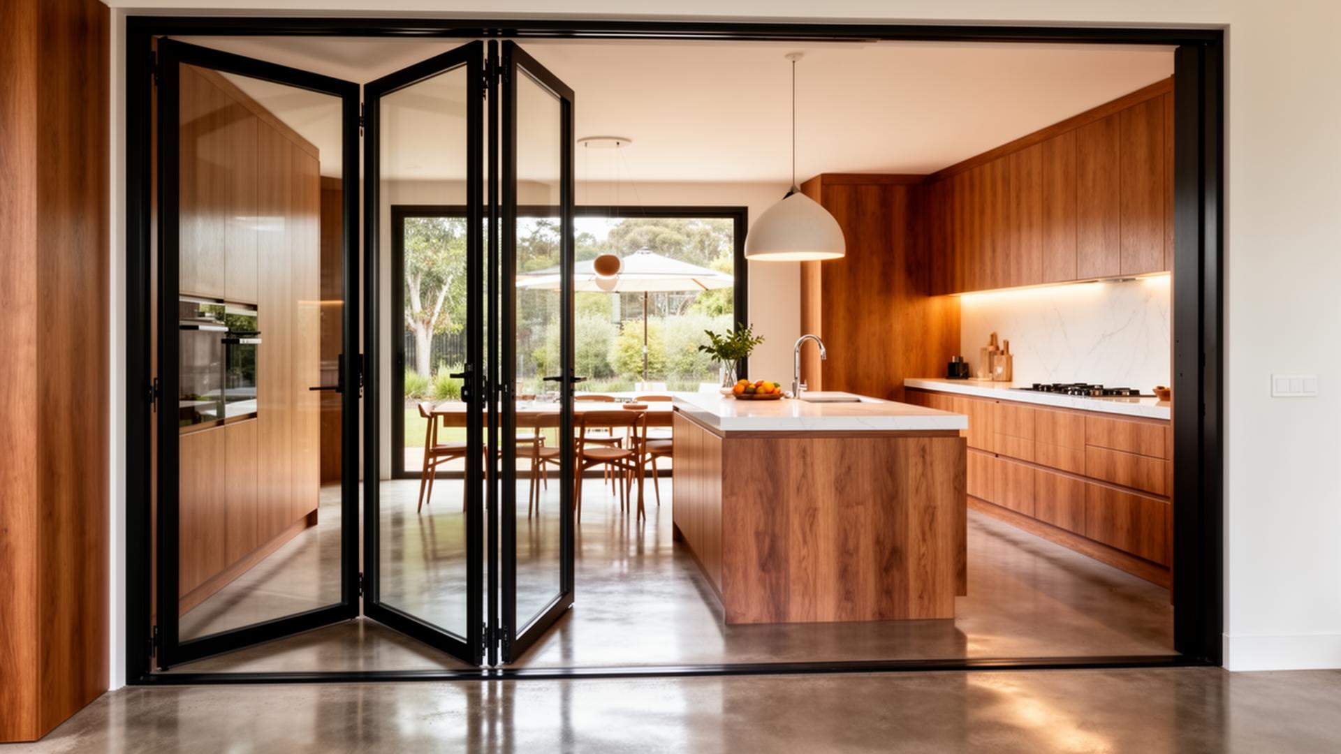 Open bi-fold doors into a Coppins-built kitchen and dining space